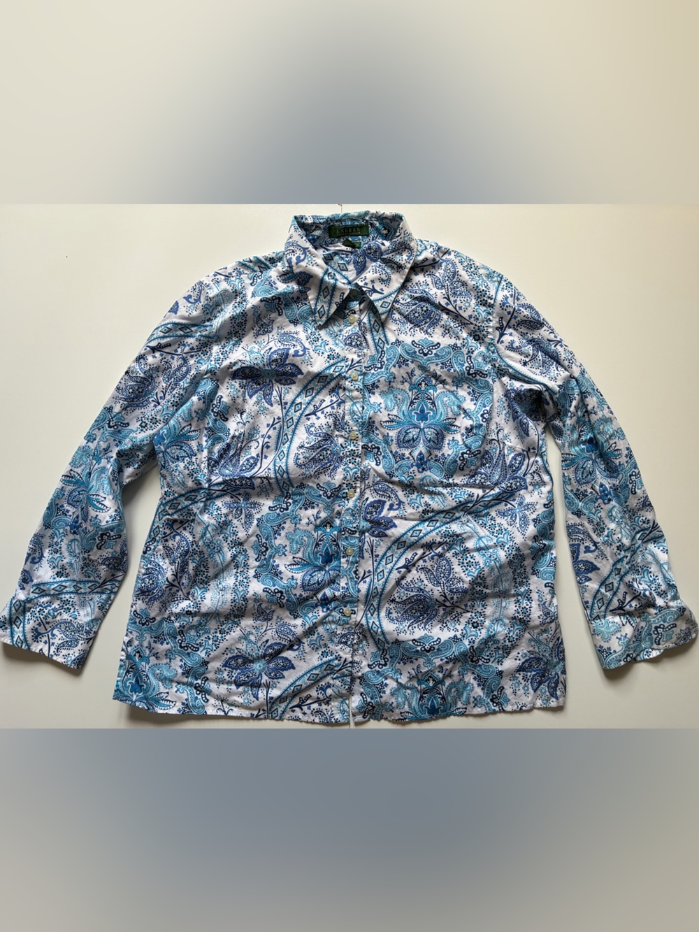 Lauren Ralph Lauren Blue and White Paisley Button-Down Shirt - Size 1X